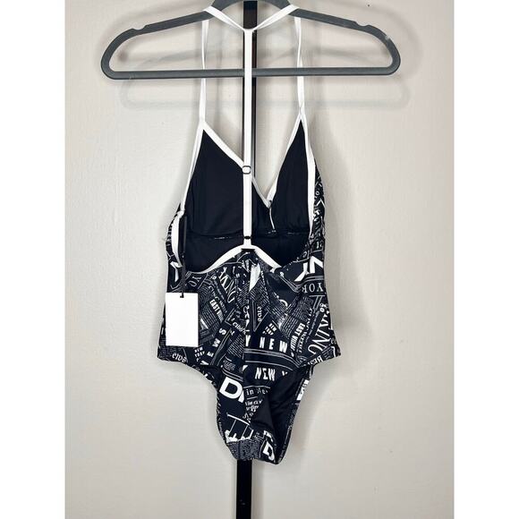 NWT DKNY Newsprint Graphic T-Back One-Piece Swimsuit Black/White Women's Large - Picture 5 of 7